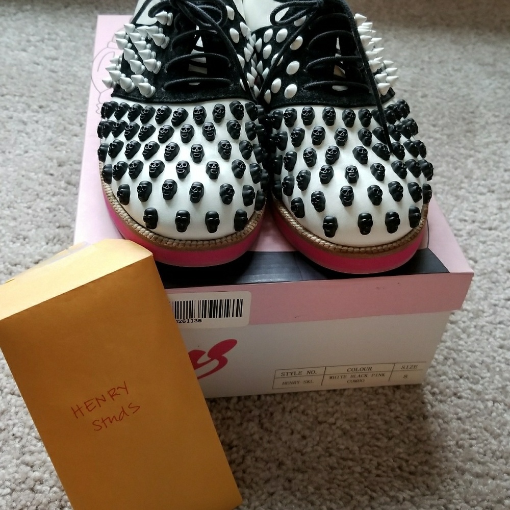 Jeffrey Campbell Black & White Studded Lace-Up Flats with Pink Soles - Picture 4 of 4
